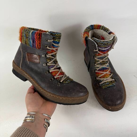 Rieker Felicitas 43 Bootie Women's 8.5 Brown Leather Lace Up High Top Side Zip - Picture 1 of 10